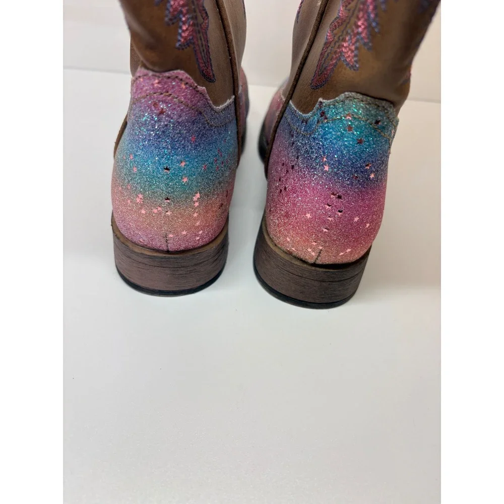 Roper Girls Size 3 Rainbow Glitter Tan Cowboy Boots Square Toe